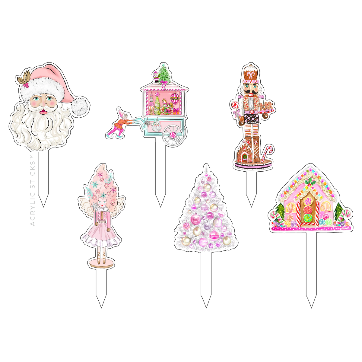 Set of six three-inch acrylic party pik sticks in assorted colors with sharp edges.