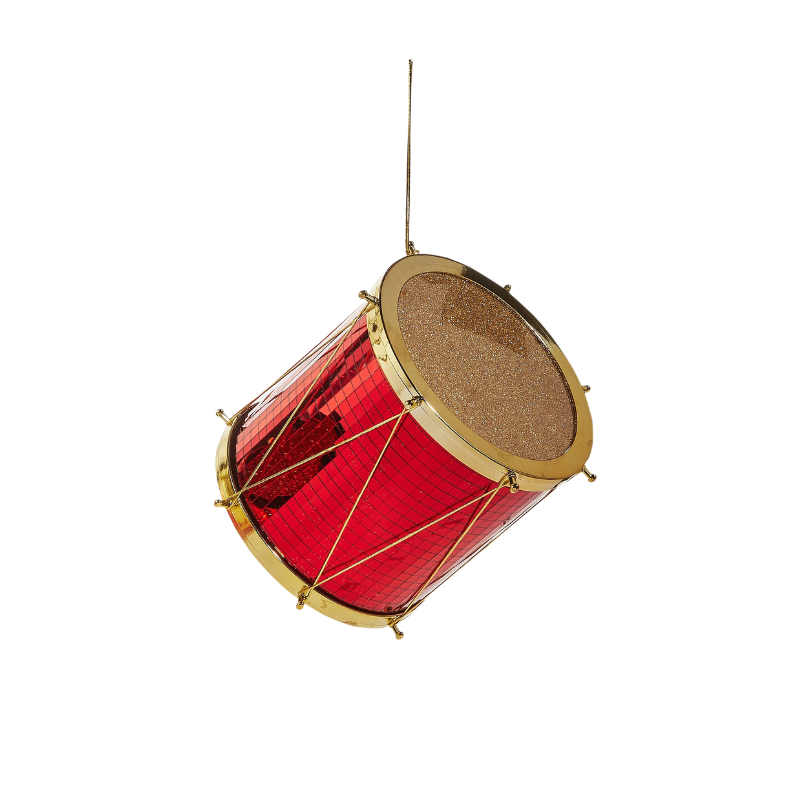 Red and gold drum Christmas ornament with a glittery top and mirrored sides.