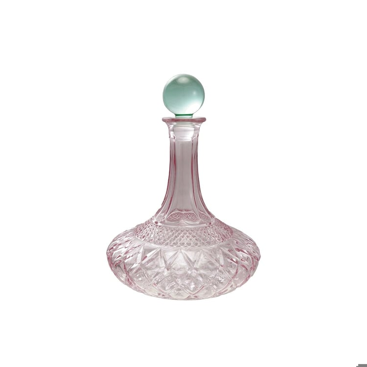 1-1/2 quart pink cut glass decanter with a round green glass stopper.