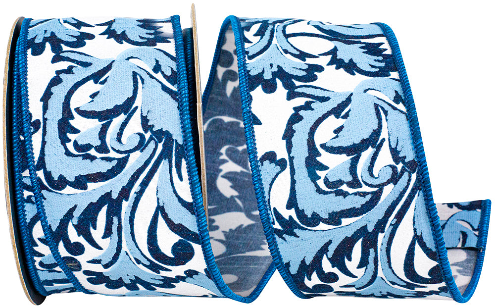 2-1/2 inch blue and white scroll leaf moderna deluxe wired edge ribbon on a spool.
