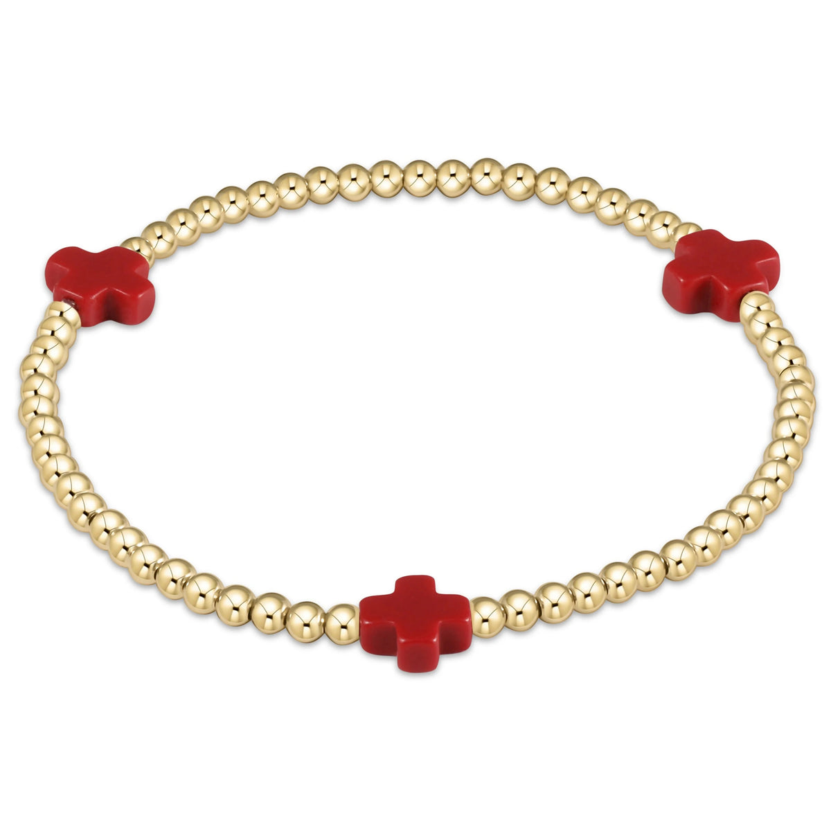 Signature 3mm gold-filled bead bracelet featuring three red cross charms on an elastic band.