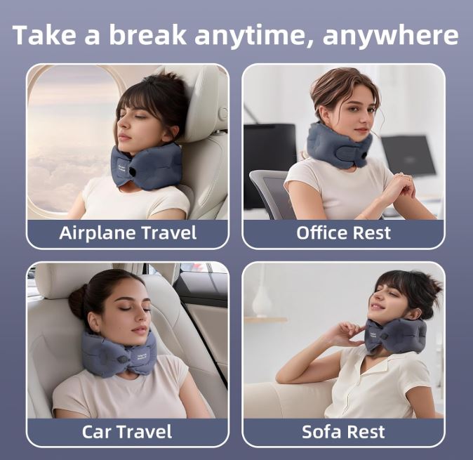 Pink self-inflating neck pillow with storage case
