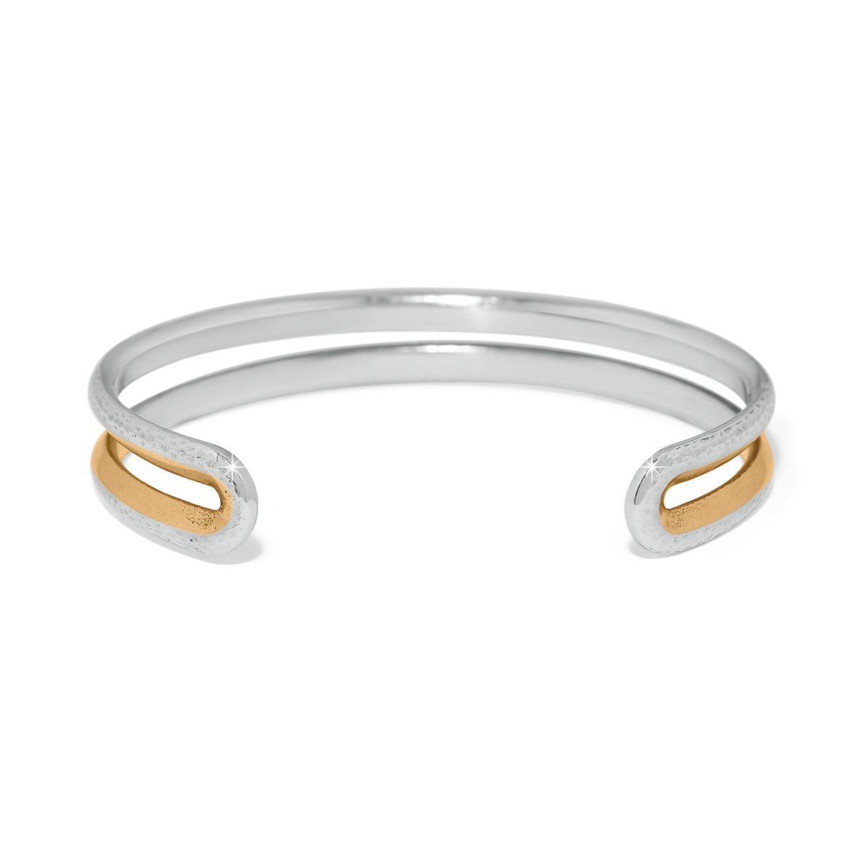 Two-tone silver and gold Medici Flex Cuff Bracelet with a hammered finish and open cuff design.