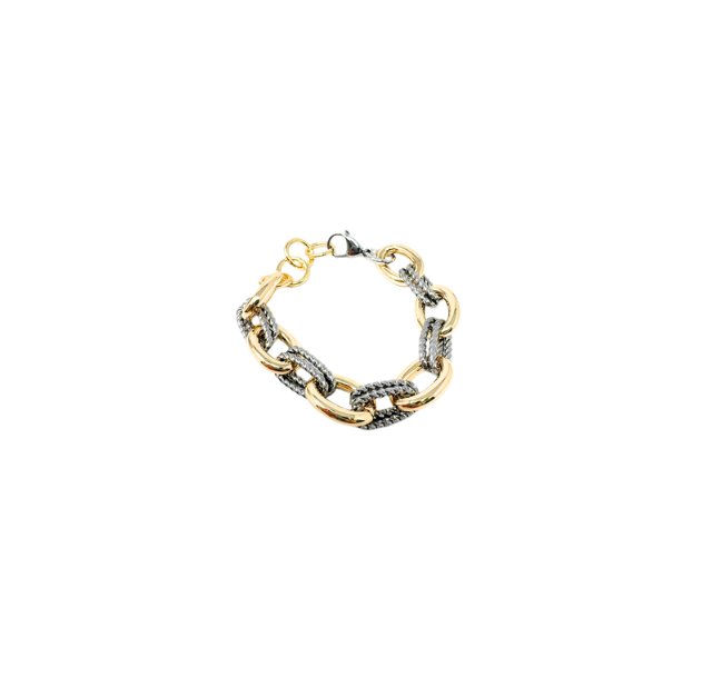 Mixed metal link bracelet featuring alternating smooth gold and textured silver oval links.