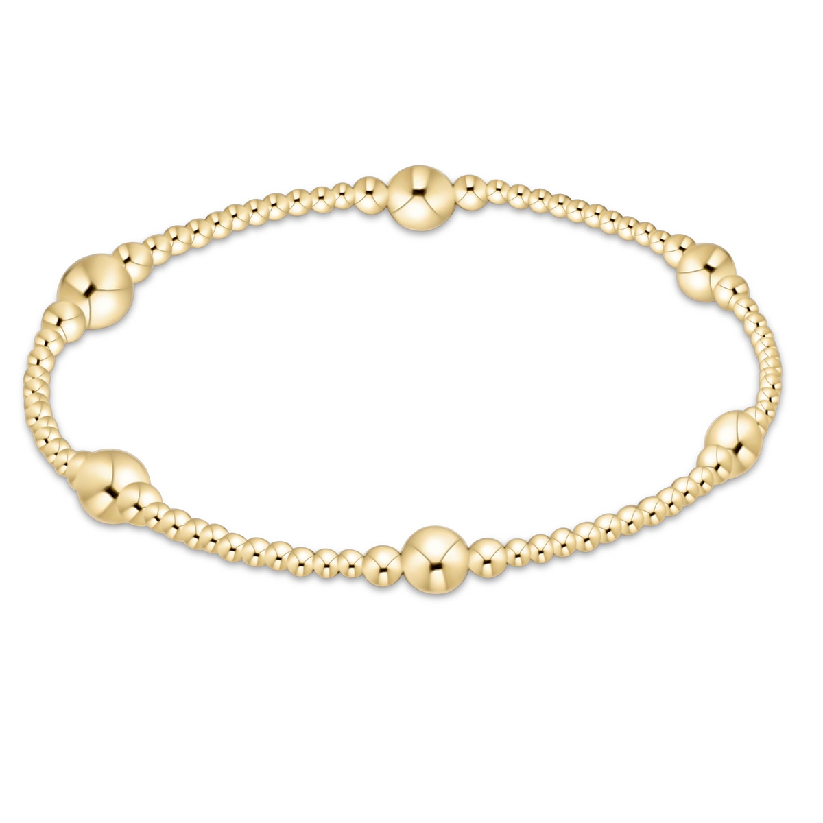 Purpose Gold 5mm Bracelet featuring 14kt gold-filled beads in 2mm, 3mm, and 5mm sizes.