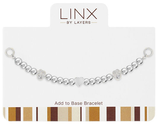 Silver stainless steel ball chain LINX add-on with two paw charms and a central heart charm.