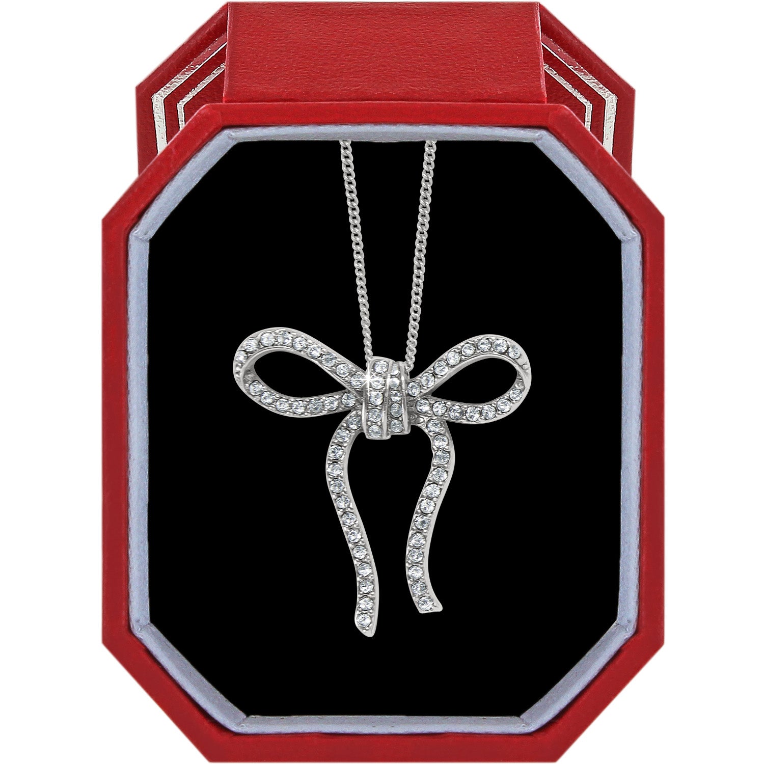 Silver plated Illumina bow necklace with fine quality crystals in an exclusive red Brighton box.