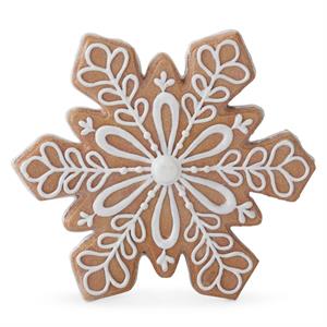 Polyresin gingerbread snowflake ornament with white icing outline detail.