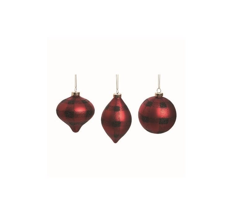 Glass Buffalo check ornament with a square silhouette featuring black and white geometric pattern.