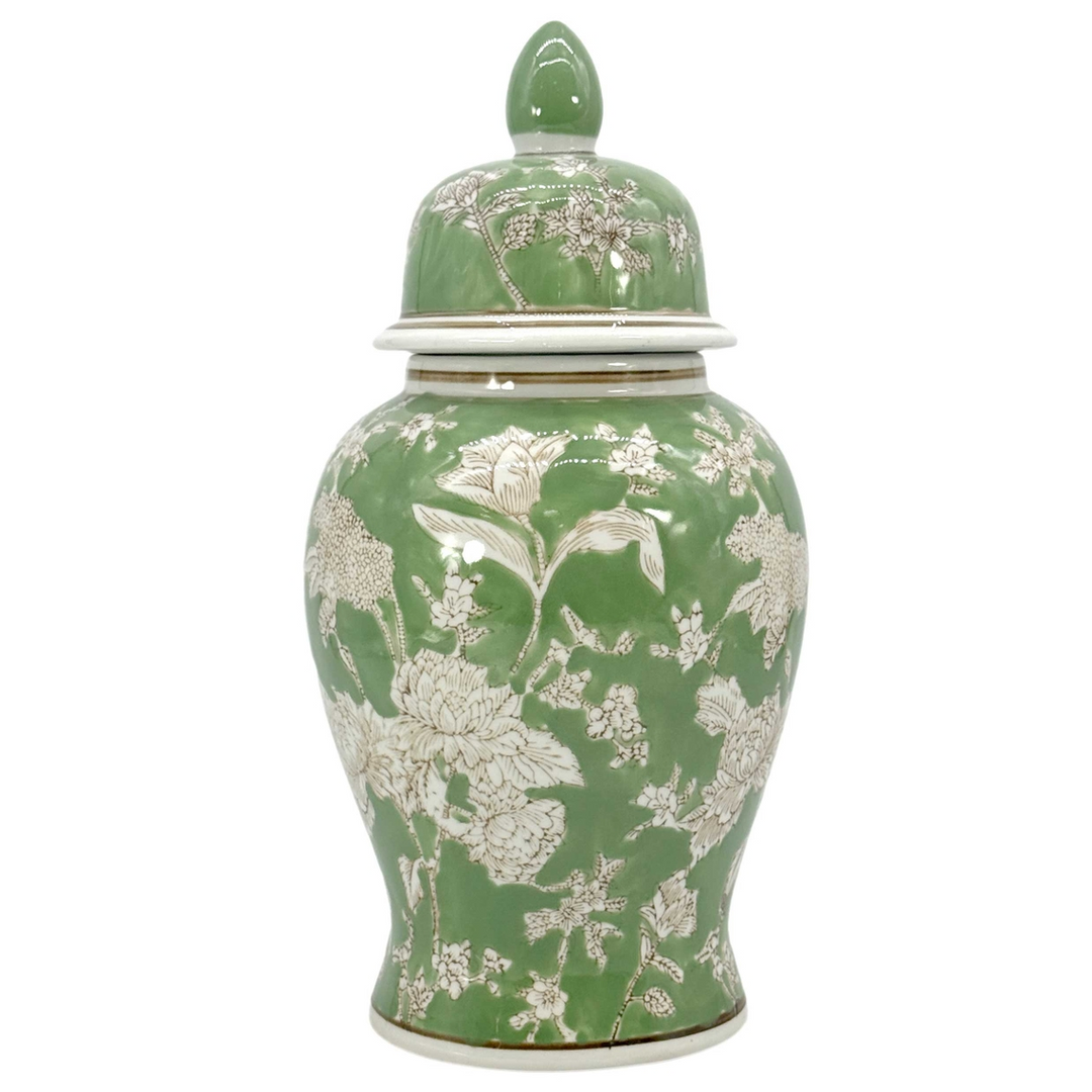14-inch green and white chinoiserie ginger jar with floral pattern and matching lid.
