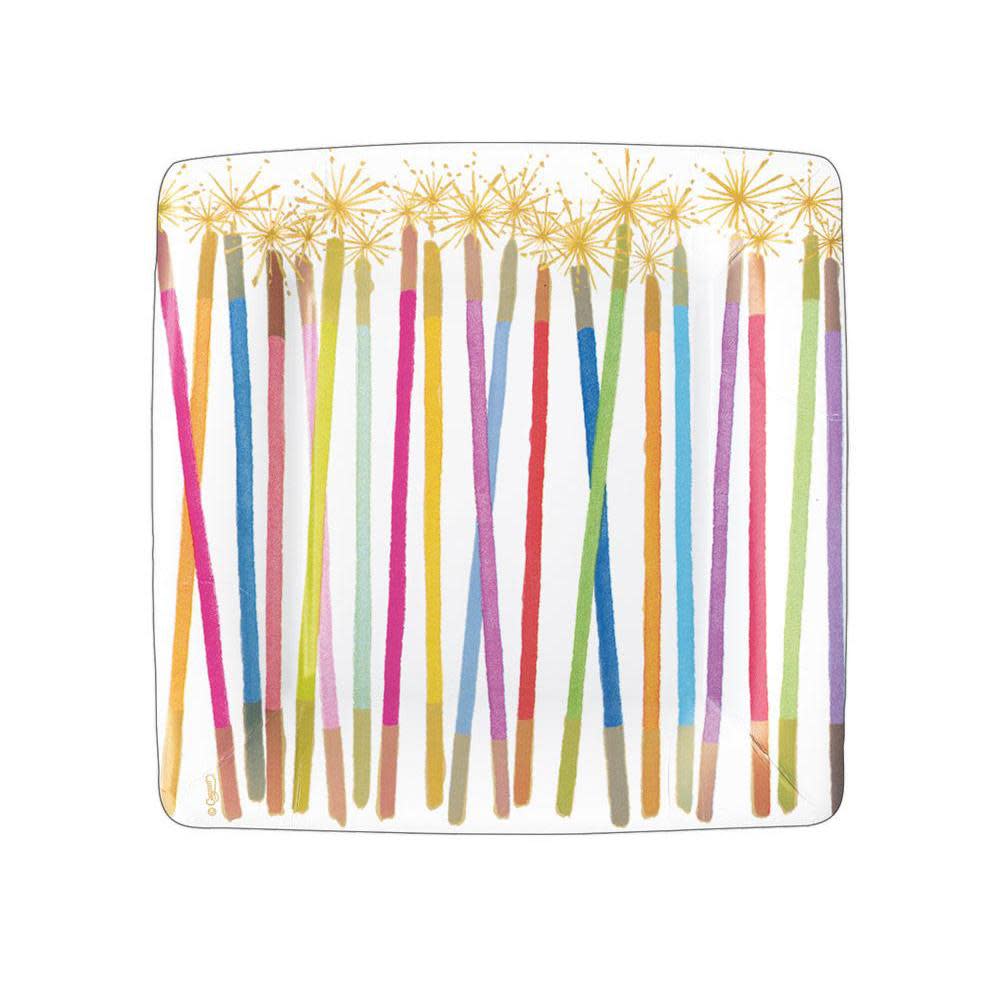 Set of eight white square paper plates with a subtle printed salad pattern.