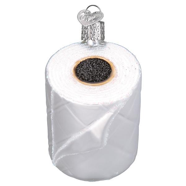White glass toilet paper roll Christmas ornament with glitter accents and a silver hanging loop.