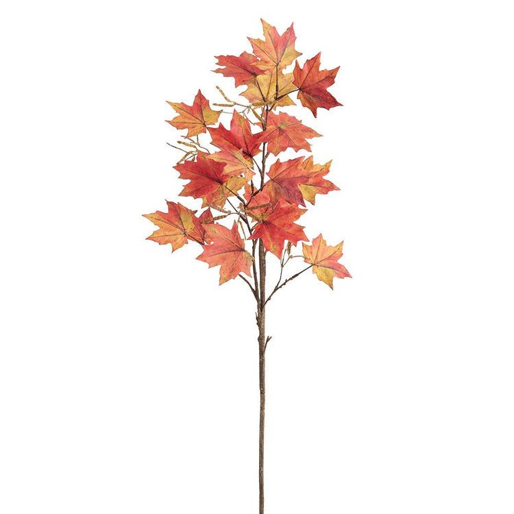 36-inch artificial maple leaf spray with vibrant red, orange, and yellow polyester leaves.