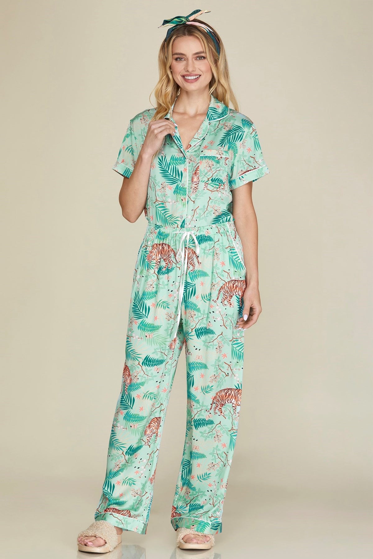 Alex Tiger print satin pajama top in black with white tiger graphic.