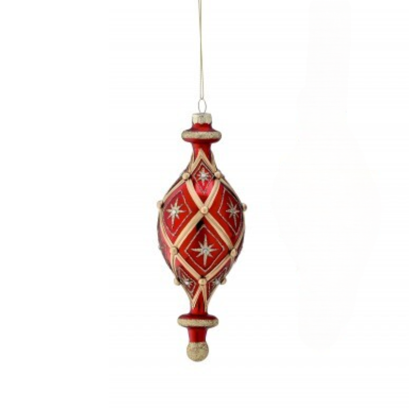 7.5-inch red glass finial ornament with gold glitter lattice and jewel star accents.