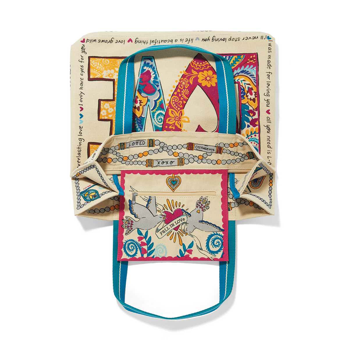 Love Story Canvas Tote Bag with colorful heart artwork, blue handles, and interior pocket.