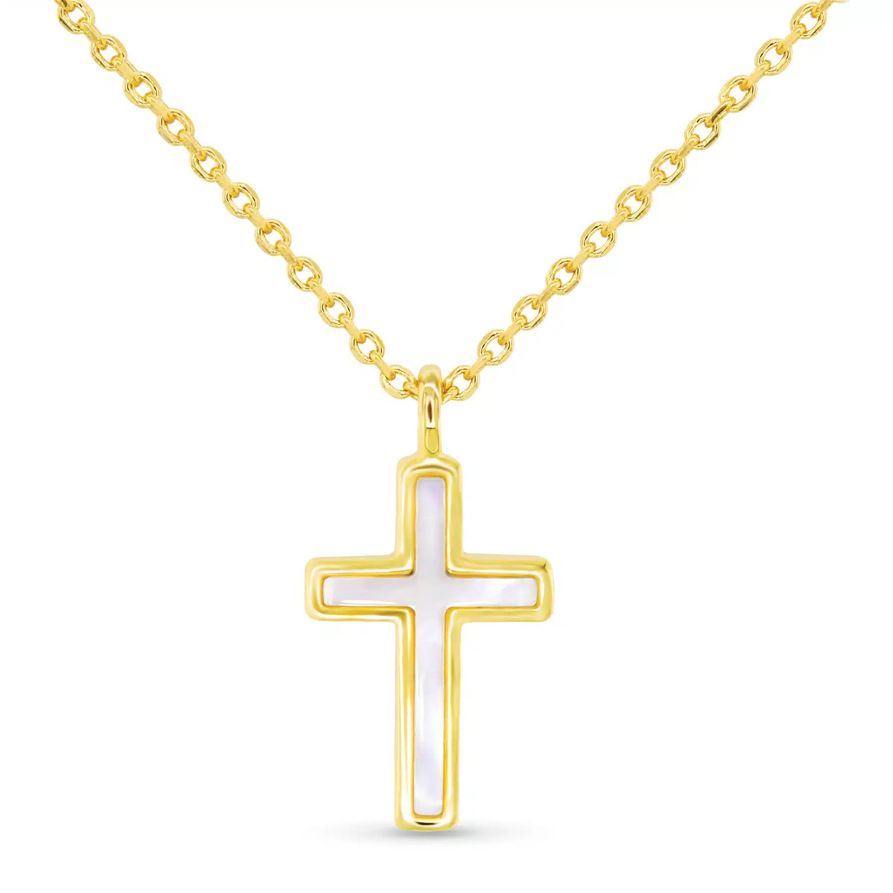 Gold cross necklace with iridescent mother of pearl channel inset on a gold link chain.