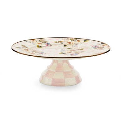 Large pink pedestal platter with hand-glazed steel base featuring Mocha Check pattern and raised rim.