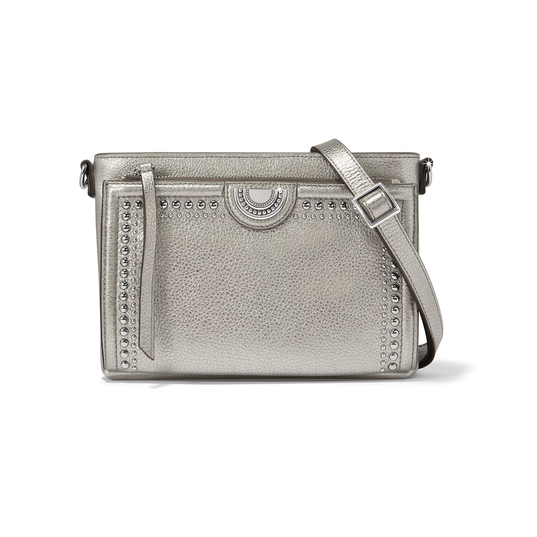 Silver pebbled leather Jordyn Cross Body Organizer with stud details and adjustable strap.