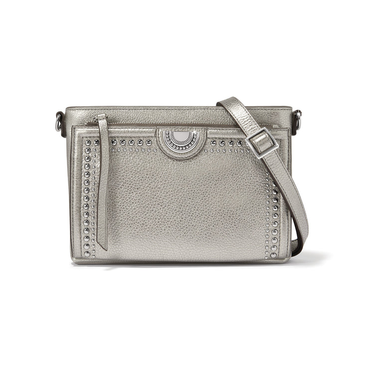 Silver pebbled leather Jordyn Cross Body Organizer with stud details and adjustable strap.