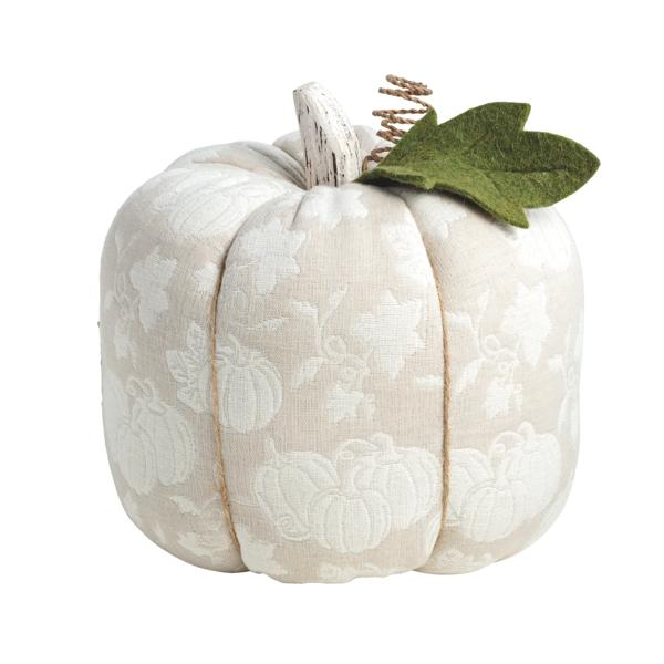 Cream jacquard cotton gauze pumpkin with a mango wood stem and green felt leaf.