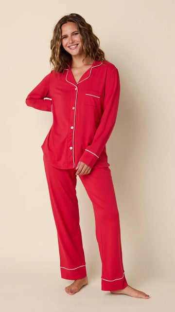 Lucia Classic Pima knit long-sleeved pajama top in soft neutral tone with contrast piping.