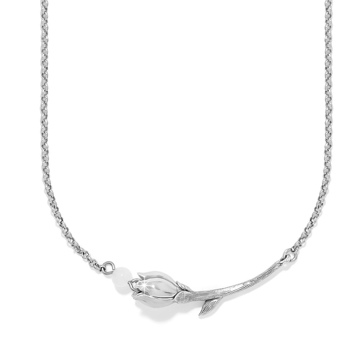 Silver plated lobster claw clasp necklace featuring a petal bar pendant.