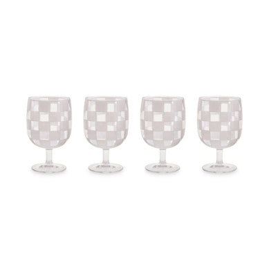 Set of four clear acrylic water goblets with a white and grey checkered pattern.