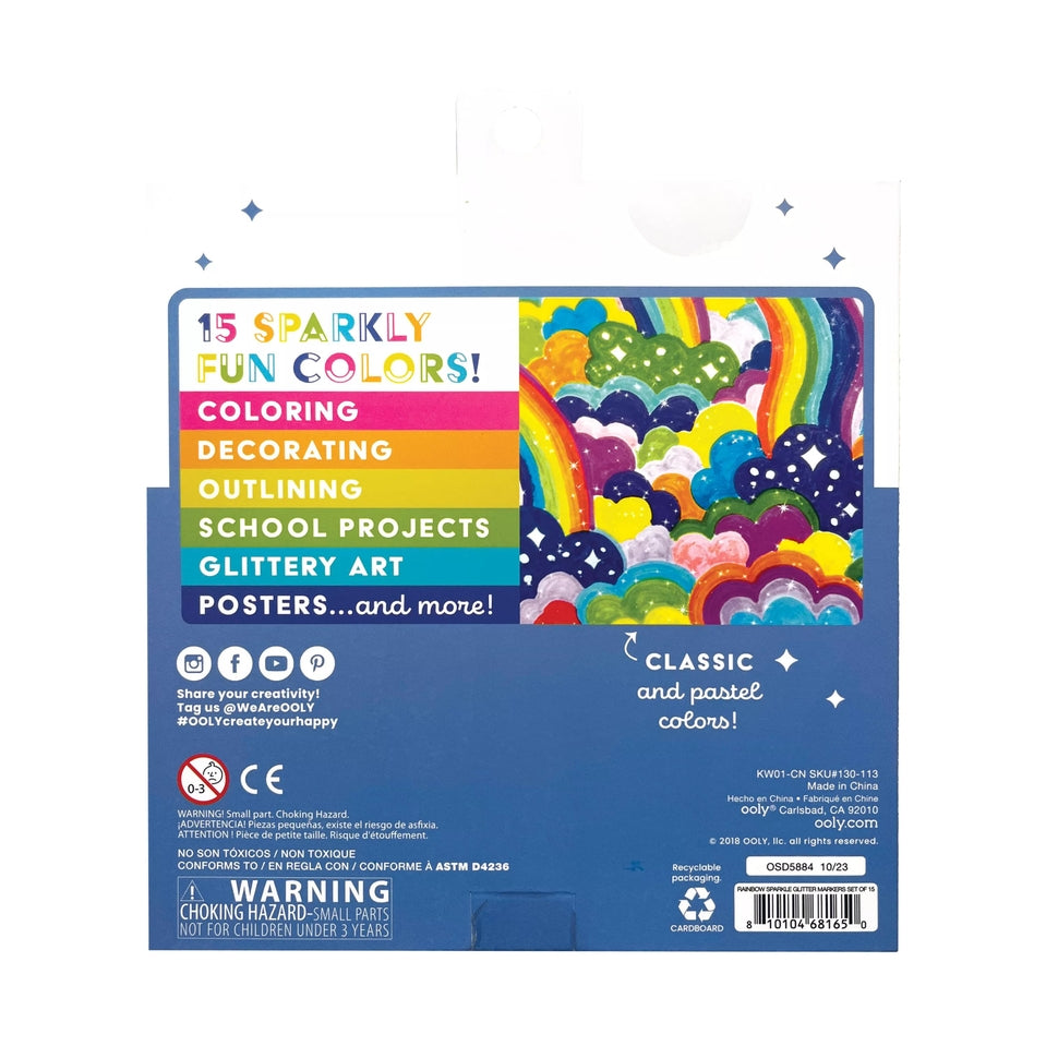 Set of ten rainbow glitter markers with rounded tips in classic colors and pastels.