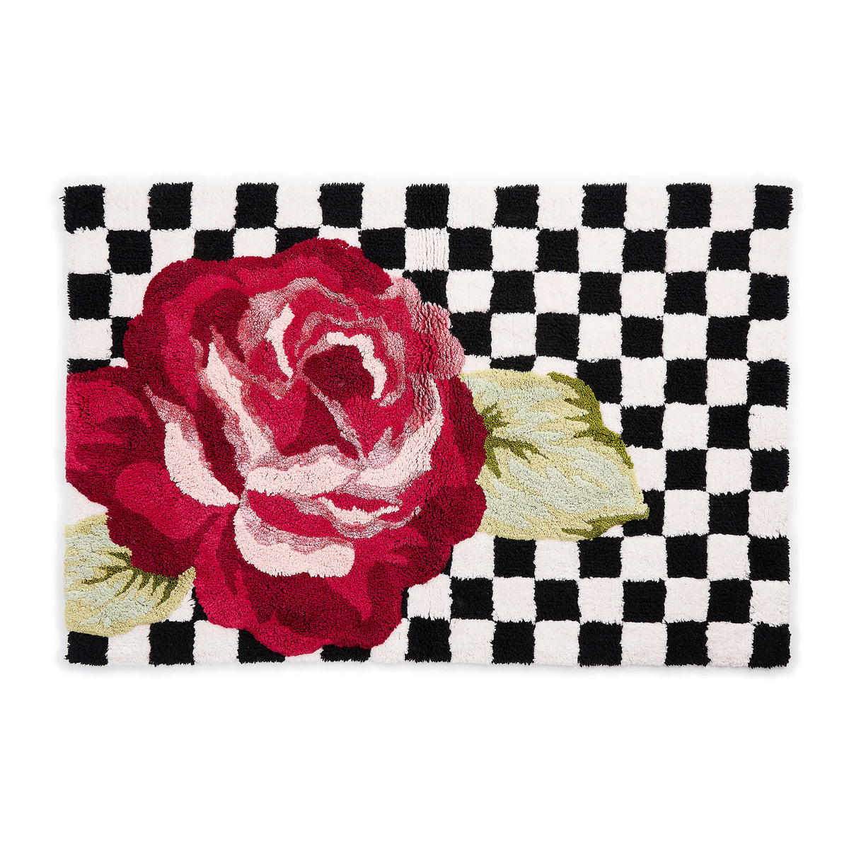 Rectangular bath rug featuring a large red rose over a black and white checkered pattern.