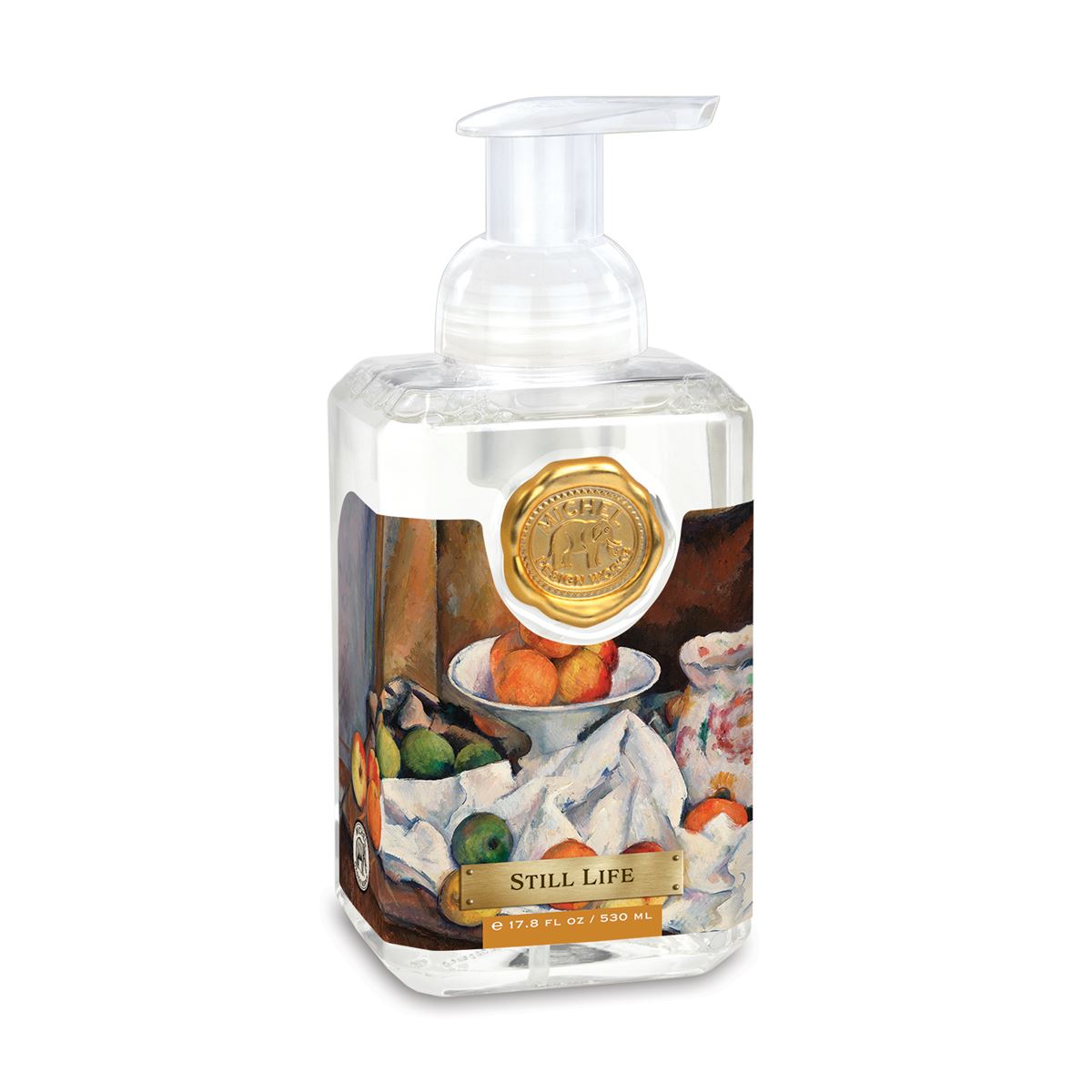 Foaming hand soap dispenser bottle with a pump top.
