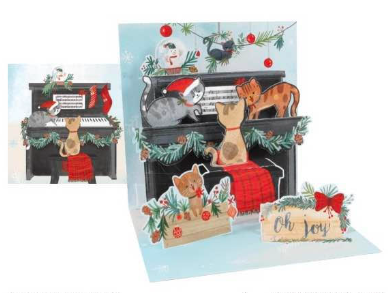 3D pop-up Christmas card featuring festive cats playing a piano decorated with holiday greenery.