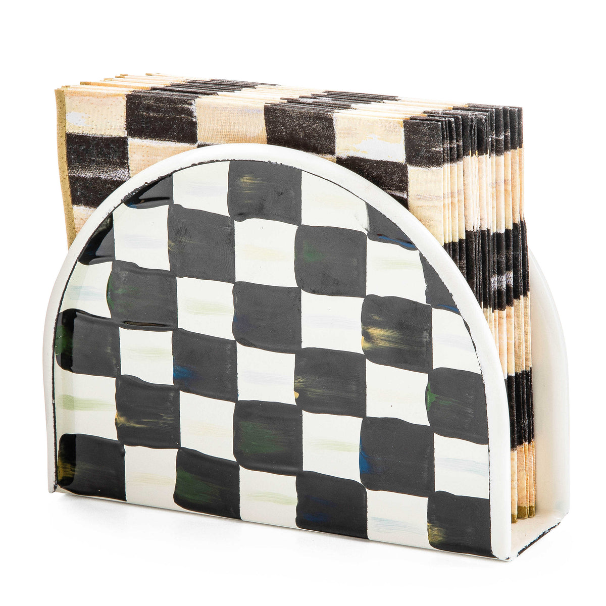 Hand-painted Courtly Check enamel napkin holder with a stack of matching checkered napkins.