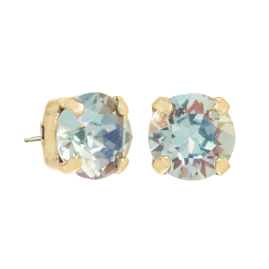 Oakland 8mm light blue crystal stud earrings with antique gold plated brass prong settings.