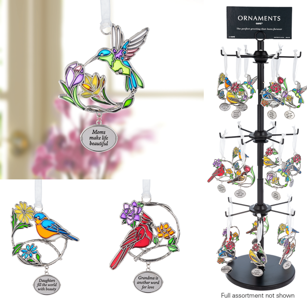 Zinc Blooms & Birds ornament featuring a bird perched among floral branches.