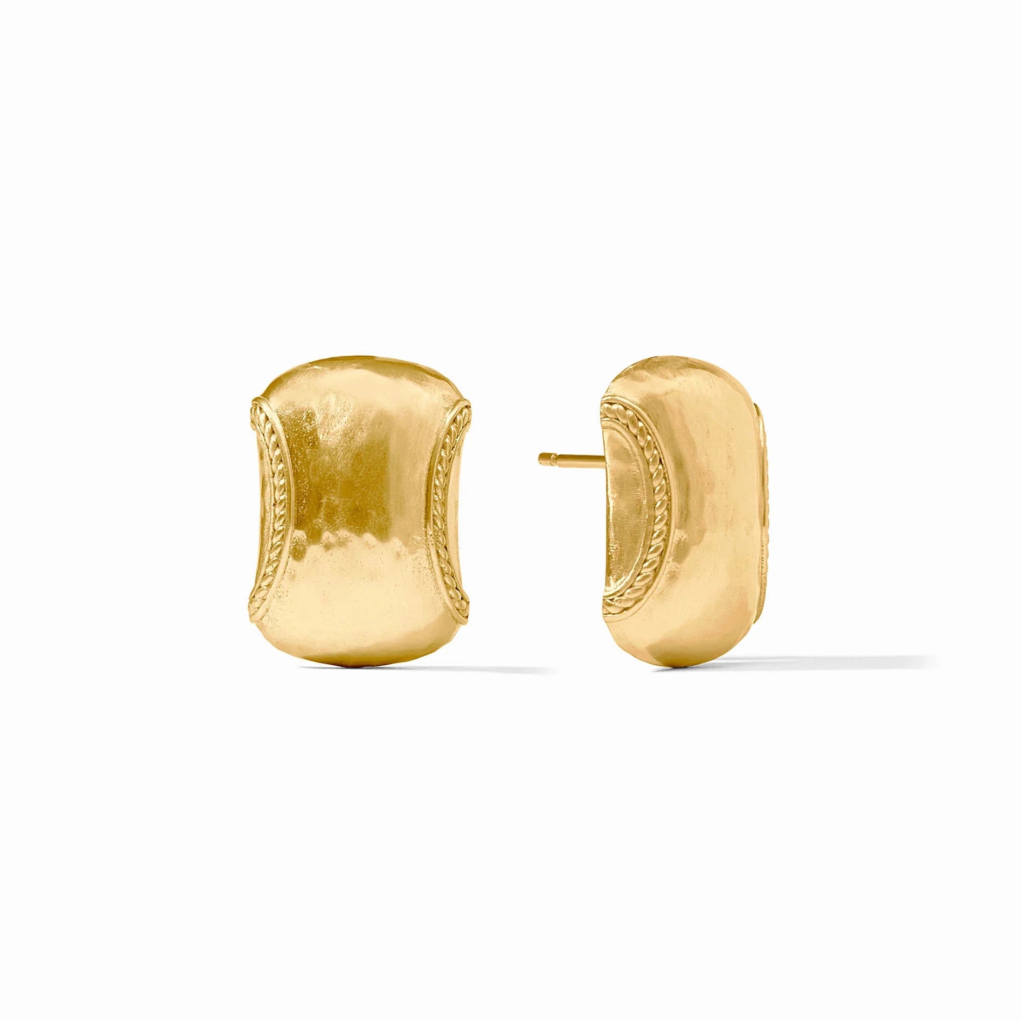 Cannes gold stud earrings with a curved, rectangular shape and braided edge details.
