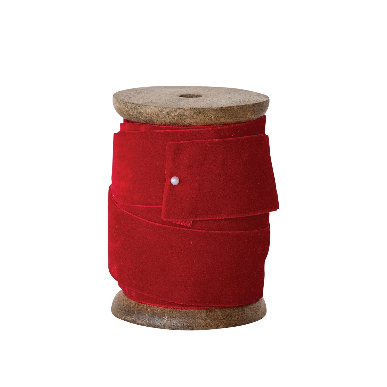 Red velvet ribbon, 1.5 inches wide, wrapped around a rustic wooden spool.