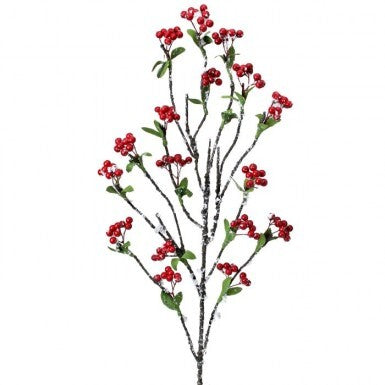 46-inch frosted berry branch with red berries and green leaves on a white background.