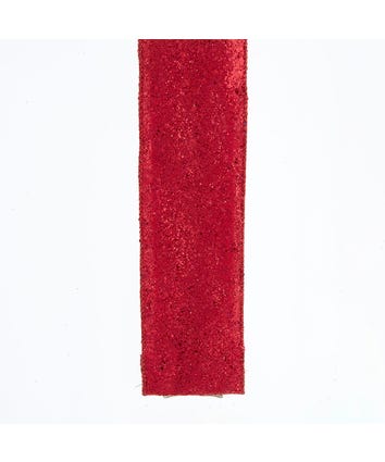 A vertical strip of 2.5-inch wide red glitter ribbon with a textured, sparkling finish.