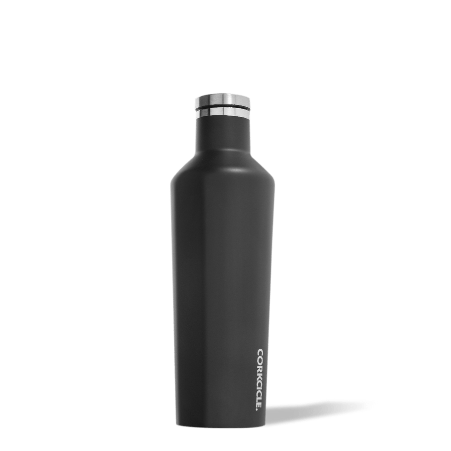 Matte black 25oz Corkcicle canteen water bottle with a sleek, flat-sided silhouette.