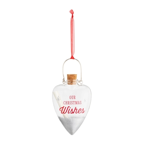 Heart-shaped glass ornament with a cork stopper, red ribbon, and 'Our Christmas Wishes' sentiment.