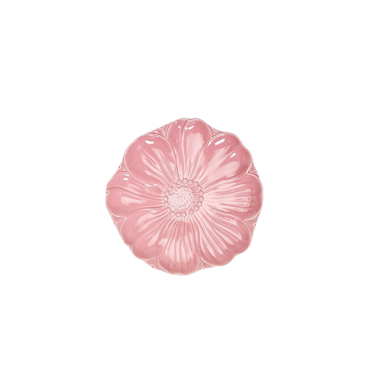 Pink ceramic Flora Flower Accent Plate with an intricately detailed petal design.