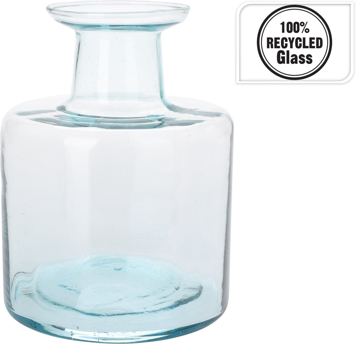 8.26 inch clear recycled glass vase with a wide cylindrical body and narrow neck.