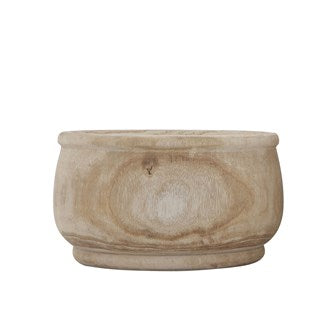 Round Paulownia wood planter with a natural finish.
