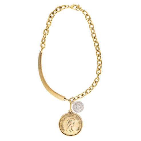 Gold-tone Quid Necklace featuring a chunky chain, curved bar, and two coin pendants.