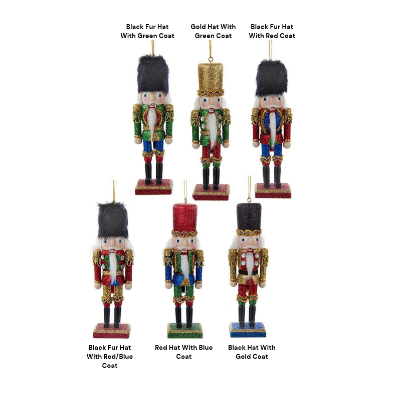 Six assorted wooden nutcracker ornaments with glitter finishes and gold hanging strings.