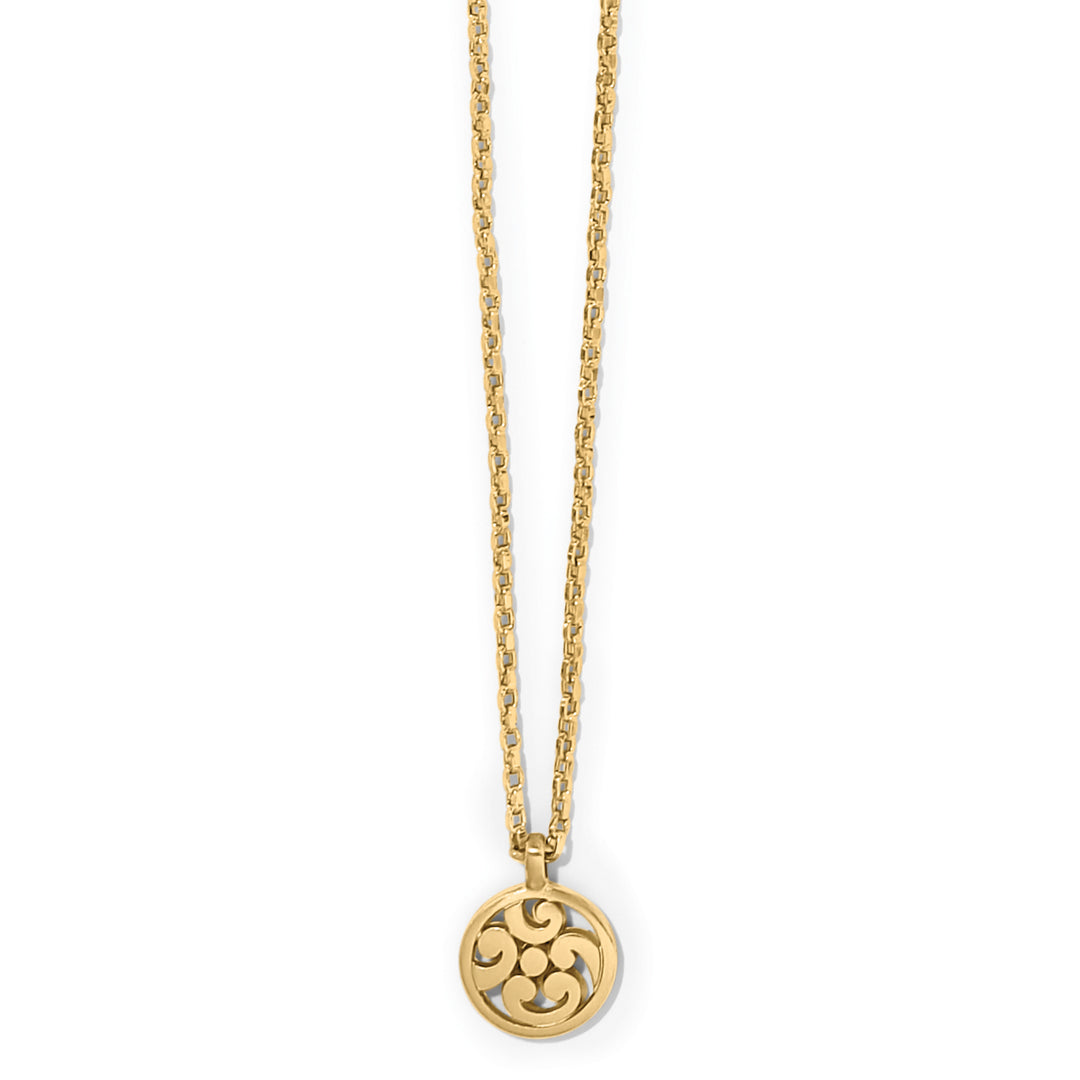 Gold plated Contempo Medallion Petite Necklace with a circular openwork pendant on a link chain.