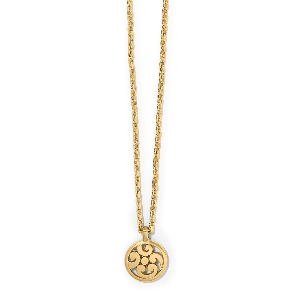 Gold plated Contempo Medallion Petite Necklace with a circular openwork pendant on a link chain.