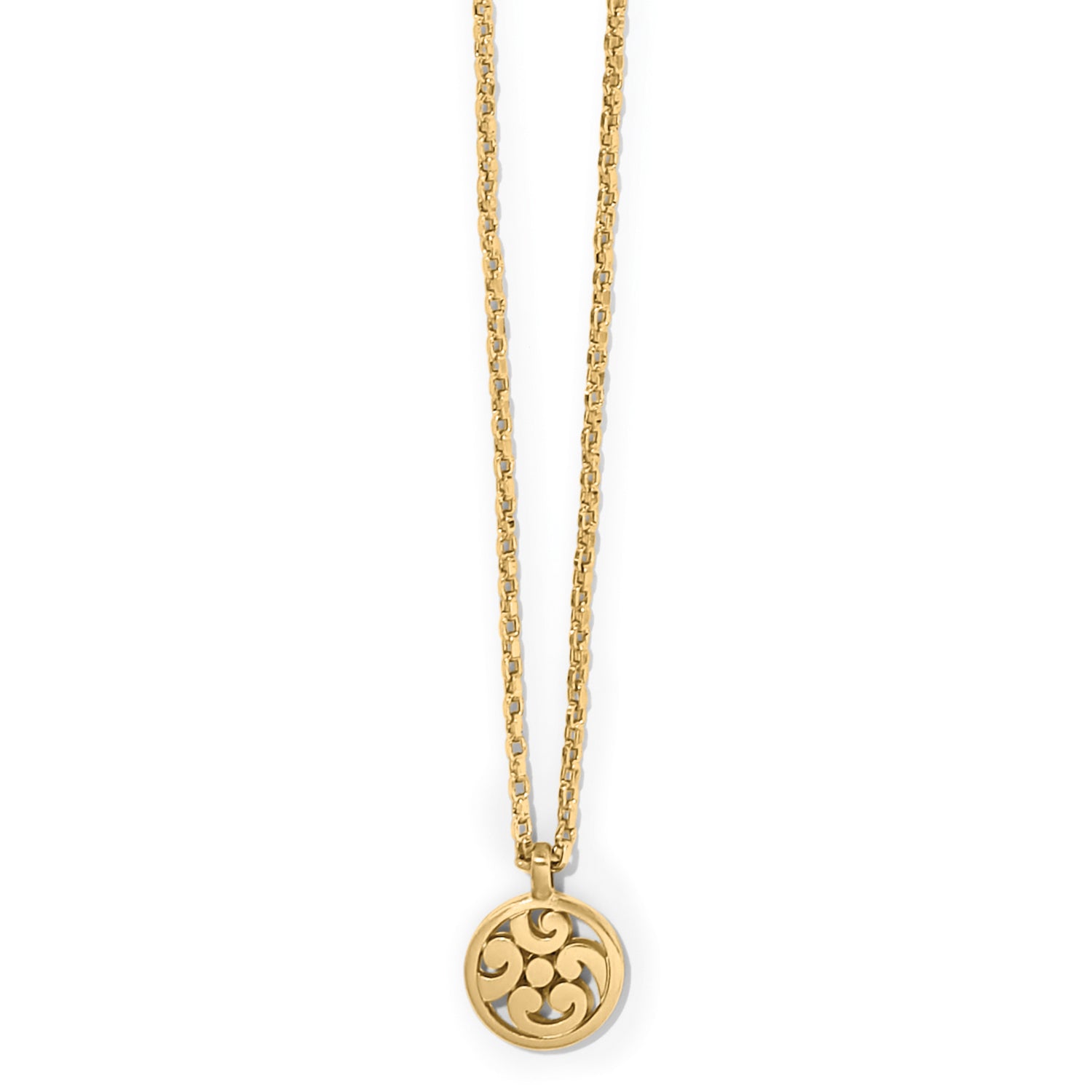 Gold plated Contempo Medallion Petite Necklace with a circular openwork pendant on a link chain.