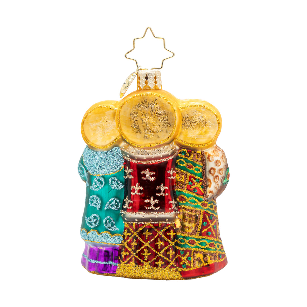 Journey of the Wise Men Gem glass ornament featuring three kings in colorful, glittered robes.